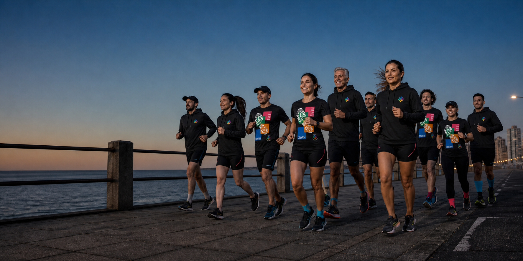 Grupo de corredores entrenando juntos en la Rambla con indumentaria CEVVEN